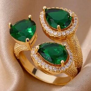 Emerald Green Statement Ring 18k Gold Adjustable Teardrop CZ Halo Ring